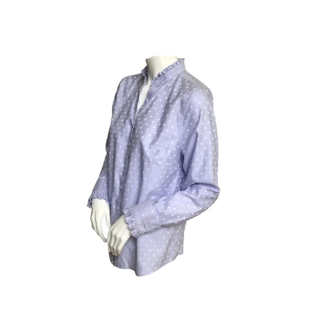 CHICO’S Shirt Lavender Polka Dot Long Sleeve No-iron Cotton Ruffles Sz 2 (10-12)
